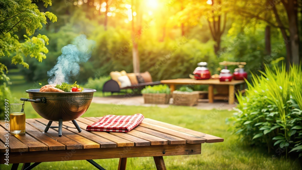Summer BBQ in backyard garden with wooden table and blurred background ...