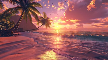 Wall Mural - Amazing vivid sunset over calm sea with palm trees on sandy beach. Pink, orange and purple sky with bright sun reflecting off water.