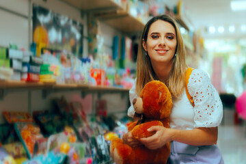 mom shopping for toys in a store buying a teddy bear. happy woman looking for a stuffed animal as a 