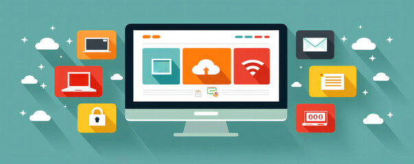 Poster - A computer monitor with a lot of icons on it. The icons include a laptop, a keyboard, a mouse, a cell phone, a tablet, a keyboard, a mouse, a laptop, a keyboard, a mouse, a cell phone