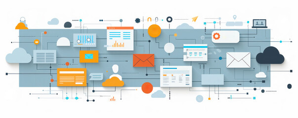 Poster - A colorful image of a computer screen with many icons and buttons. Concept of a busy and complex computer system with many different functions and features. Scene is energetic and dynamic