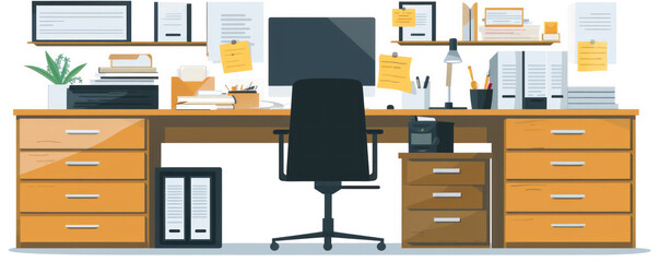 Poster - A cluttered office desk with a black chair and a computer monitor. There are several papers scattered around the desk, and a potted plant sits on the left side