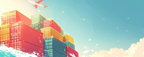 Poster - A colorful image of a plane flying over a large stack of shipping containers. Concept of adventure and excitement, as the plane soars over the massive containers