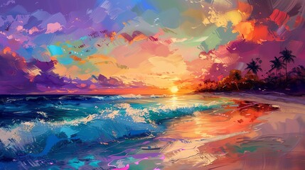 Wall Mural - This is a beautiful painting of a beach scene. The colors are vibrant and the brushstrokes are thick and expressive.