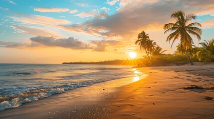 Wall Mural - Amazing sunset over the beach with palm trees. The warm colors of the sky and the gentle waves of the ocean create a peaceful and relaxing scene.