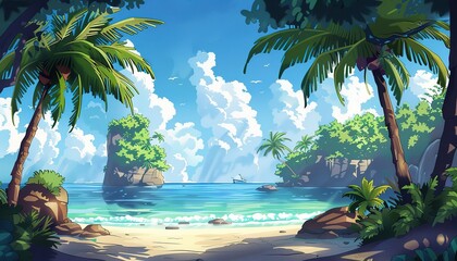 Wall Mural -  tropical island with palm trees, anime style