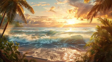 Wall Mural - The setting sun casts a golden glow over the ocean and palm trees. The waves are gently crashing on the shore. The sand is white and soft.