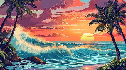 Wall Mural - Vibrant colors of a tropical beach at sunset. The warm orange and yellow hues of the sky contrast with the cool blue and green of the ocean waves.