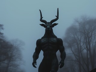 Sticker - an image of a deer statue in a foggy forest