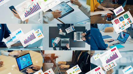 Fototapete - Collage of various business scenes and business documents concept. Multi screen.