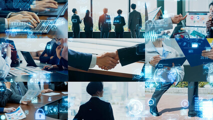 Fototapete - Collage of various business scenes and digital data concept. Multi screen.