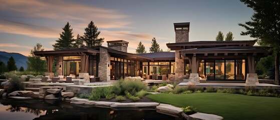 Canvas Print - Panoramic view of a luxury home in the middle of a lake