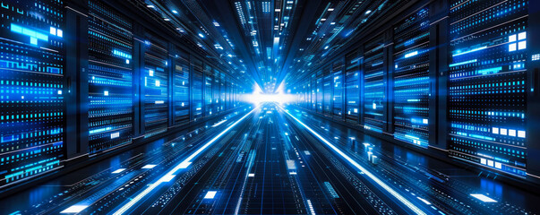 Poster - A computer network with many blue lights. The lights are arranged in a way that they look like they are moving