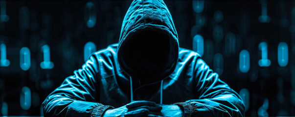 Poster - A man in a hoodie is sitting in front of a computer screen with a blue background. Concept of mystery and intrigue, as the man's face is obscured by the hood