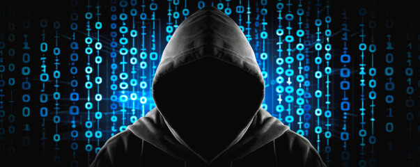 Poster - A hooded figure is shown in front of a series of blue and white squares. Concept of mystery and anonymity, as the person is partially hidden by the hood and surrounded by a pattern of squares