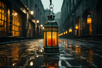 Poster - an old lantern is sitting on a cobblestone street in the rain