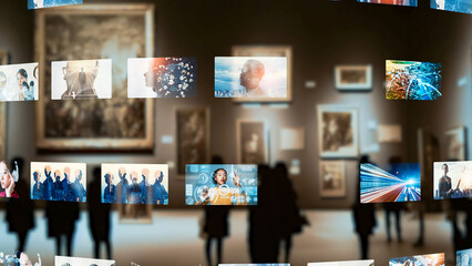 Poster - People at an art gallery and video contents concept. Virtual museum.