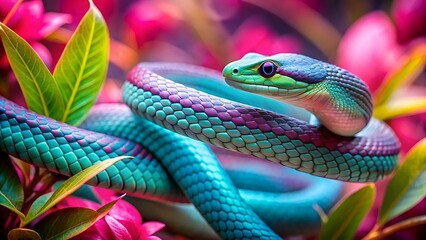 Wall Mural - A Green Snake in a Pink and Blue Paradise