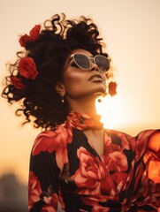 Wall Mural - beautiful african american woman wearing sunglasses and floral dress at sunset