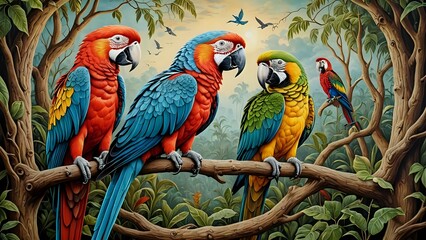 Wall Mural - Colorful macaws perched on a branch in a lush rainforest.