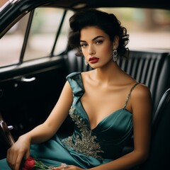 Sticker - beautiful brunette woman sitting in a vintage car