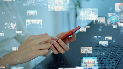 Wall Mural - a woman using computer and smart phone in office and digital contents concept.