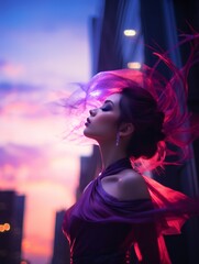 Wall Mural - beautiful woman with pink hair in the city at sunset