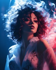 Poster - beautiful woman with red and blue smoke in her hair