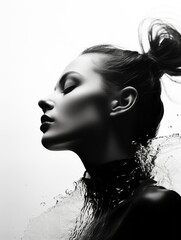 Wall Mural - black and white photo of a woman with her hair up in the air