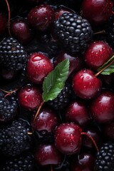 Wall Mural - blackberries and cherries in water with drops of water