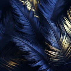 Sticker - blue and gold feathers on a dark background