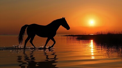 Wall Mural - Image of a horse walking in water at sunset. The horse is in silhouette and the water is reflecting the orange sky.