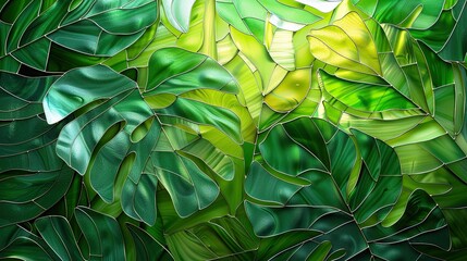 Wall Mural - Artistic stained glass depiction of monstera leaves, illuminated by warm backlighting, showcasing intricate details and vibrant green hues.
