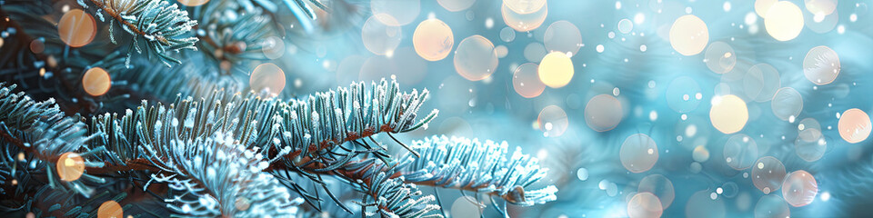 Wall Mural - frosty Christmas tree branches with lights bokeh background, generative AI