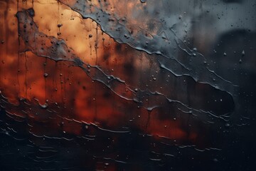 Poster - rain drops on a window with a sunset in the background