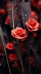 Wall Mural - red roses and feathers on a black background