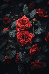 Poster - red roses on black background