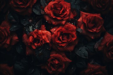 Wall Mural - red roses with water droplets on them on a black background