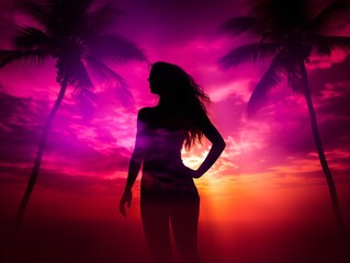 Poster - silhouette of a woman standing in front of palm trees at sunset