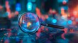 © kept - Magnifying glass with digital data and network connections on a blurred background.