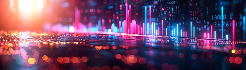Poster - abstract digital landscape with vibrant neon lights and reflective surface, representing modern tech