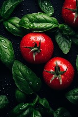 Wall Mural - tomatoes with leaves on a black background