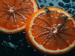 Wall Mural - two slices of orange with water droplets on them