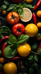 Canvas Print - various fruits and vegetables arranged on a black background