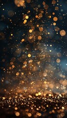 Poster - golden glittering bokeh lights in front of a dark, blurry background, creating a festive and magical