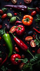 Canvas Print - various red and green peppers and tomatoes on a black background