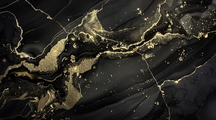 Elegant black and gold liquid marble background with shimmering paint splashes and flowing brush strokes. Abstract art design for wallpaper print template. Oil painting texture in black and white colo