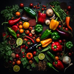 Canvas Print - various vegetables and peppers on a black background