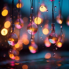 Poster - water droplets hang from a string of light bulbs