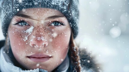 Wall Mural - The close up picture of the person looking at the camera with the white snow background in the middle of the snowy ice field, the skill require for ice field are fitness, ice safety knowledge. AIG43.